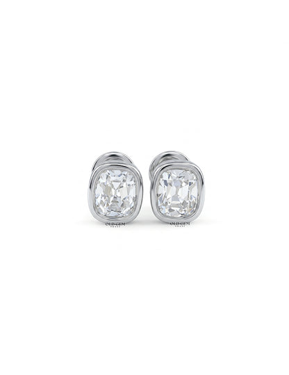 Old Mine Cushion Diamond Bezel Set Stud Earring Earrings