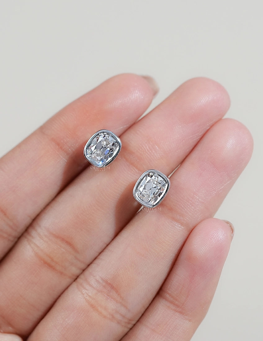 Old Mine Cushion Diamond Bezel Set Stud Earring Earrings