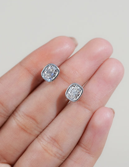 Old Mine Cushion Diamond Bezel Set Stud Earring Earrings