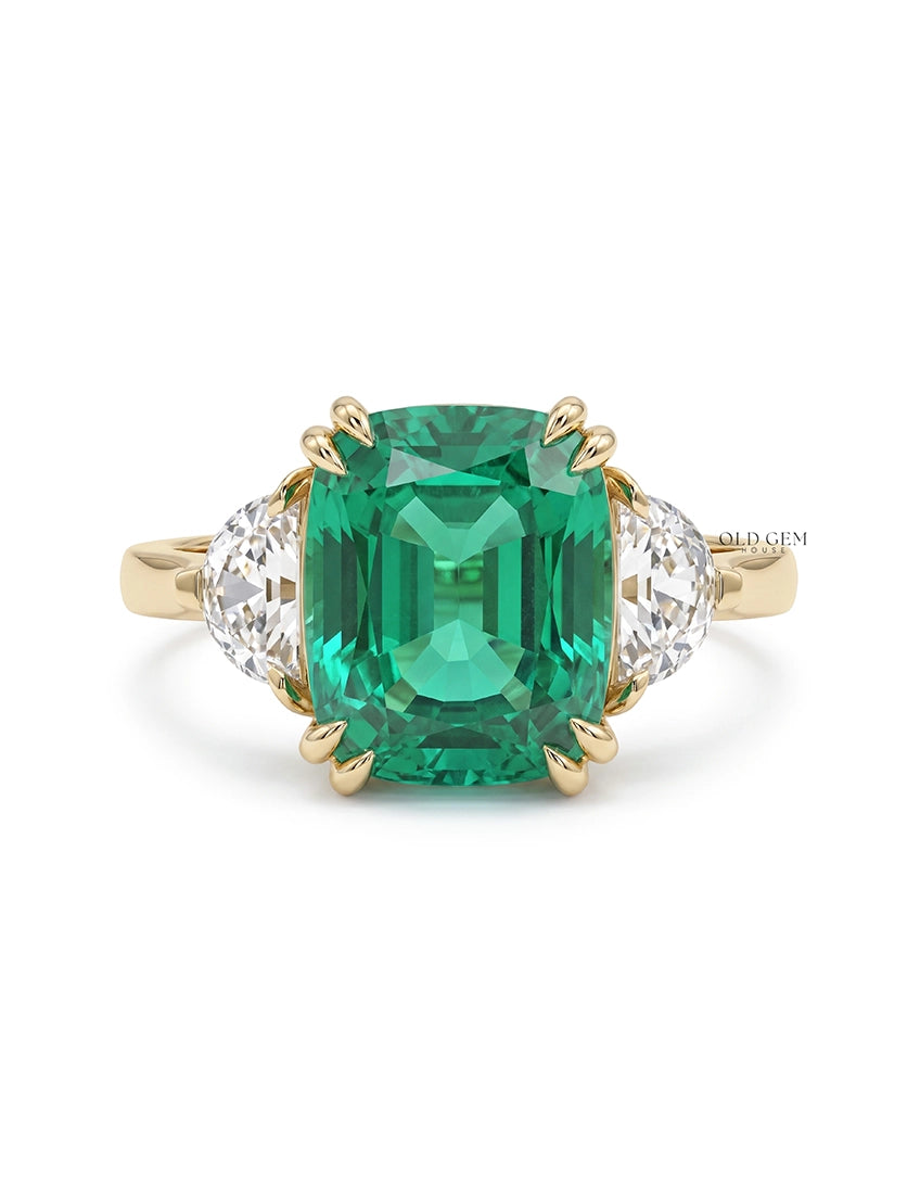 Art Deco Emerald Cushion Cut Diamond Three Stone Ring