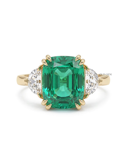 Art Deco Emerald Cushion Cut Diamond Three Stone Ring