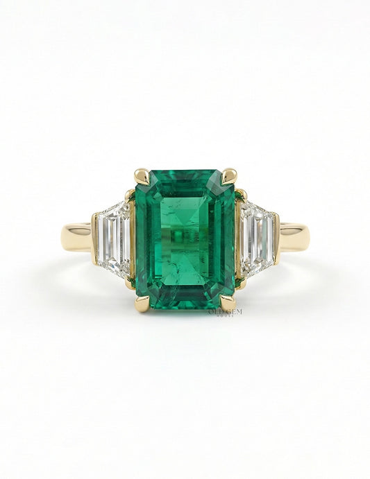 Mid Century Emerald And Trapezoid Diamond Three Stone Ring Engagement Ring