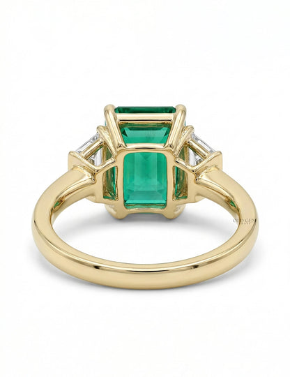 Mid Century Emerald And Trapezoid Diamond Three Stone Ring Engagement Ring