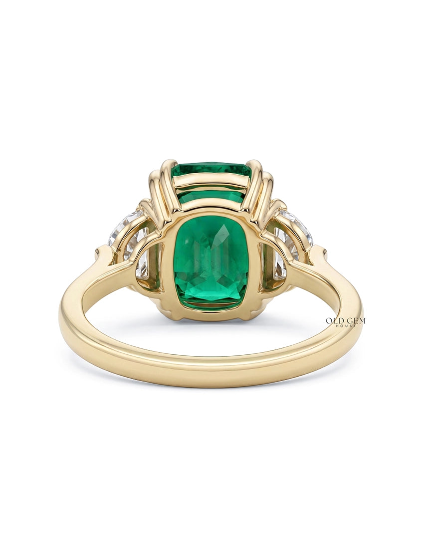 Art Deco Emerald Cushion Cut Diamond Three Stone Ring