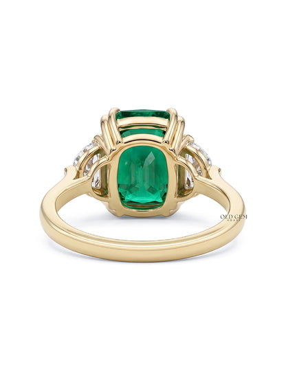 Art Deco Emerald Cushion Cut Diamond Three Stone Ring