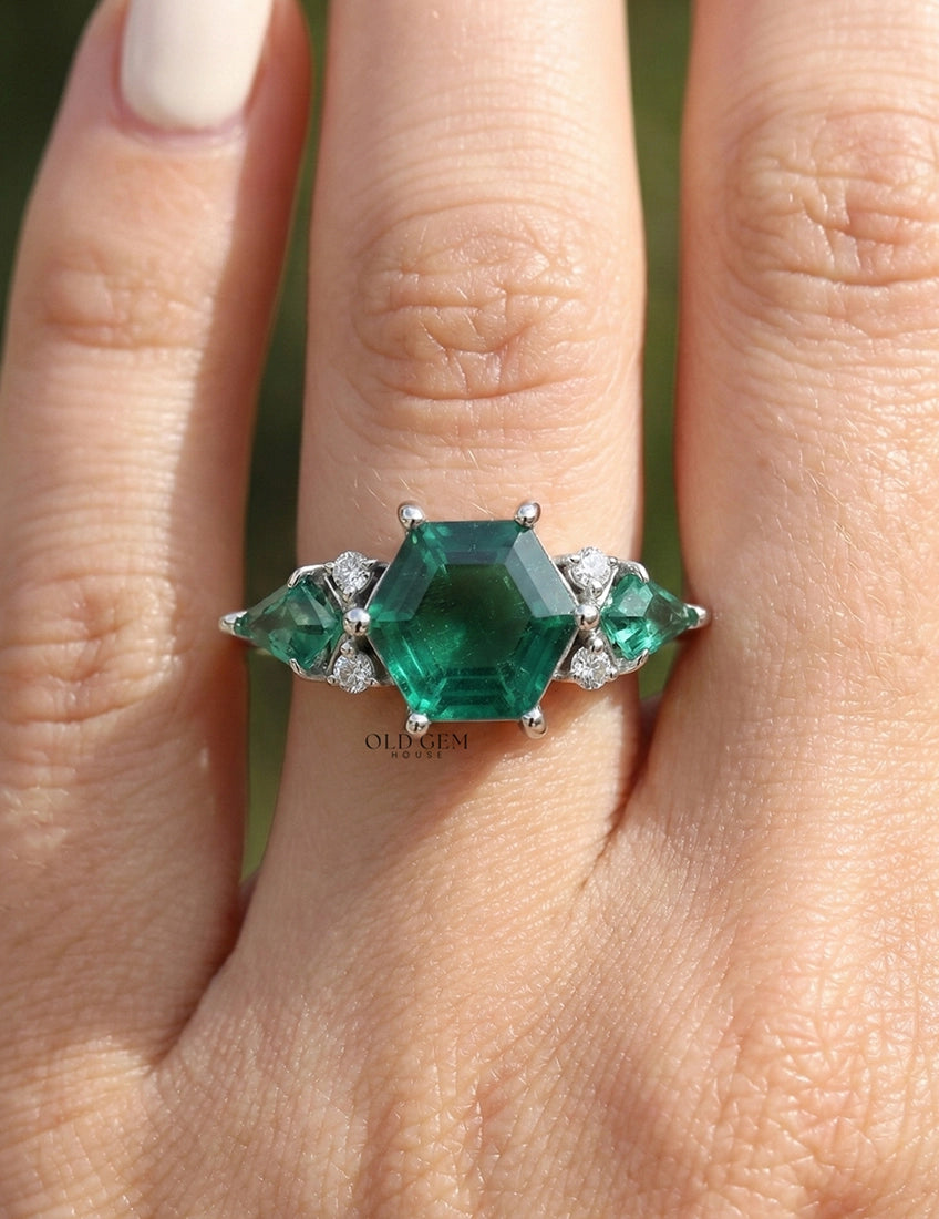 Hexagon Green Gemstone Engagement Ring
