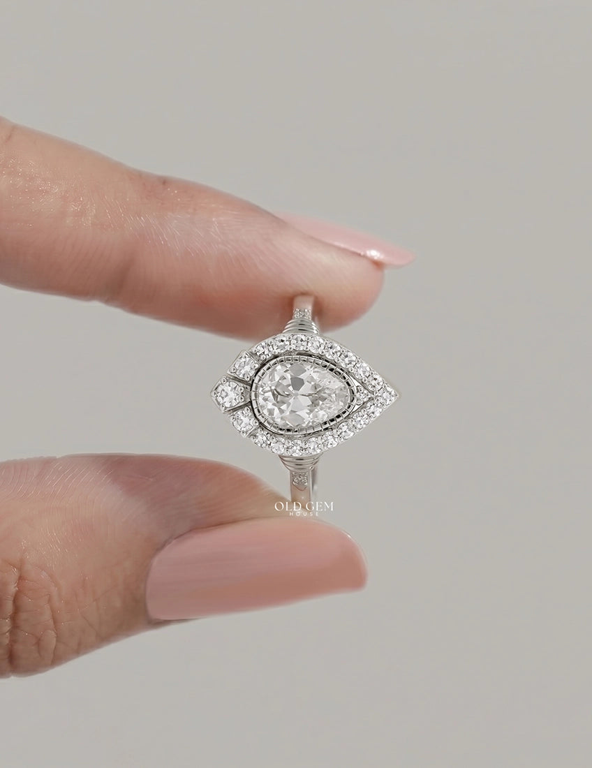 Edwardian Vintage Old Mine Pear Shape Lab Diamond Halo Ring Engagement Ring