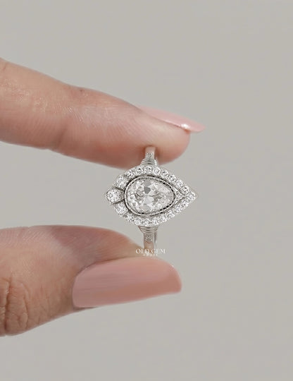 Edwardian Vintage Old Mine Pear Shape Lab Diamond Halo Ring Engagement Ring