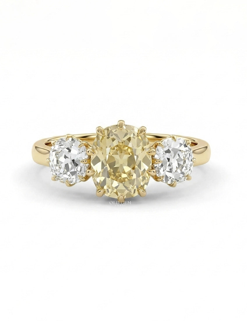 Fancy Yellow Old Mine Cushion Three Stone Engagement Ring