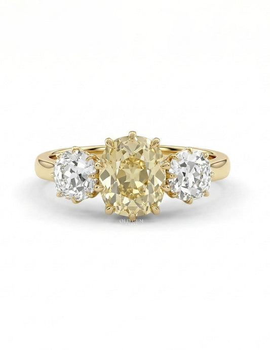 Fancy Yellow Old Mine Cushion Three Stone Engagement Ring