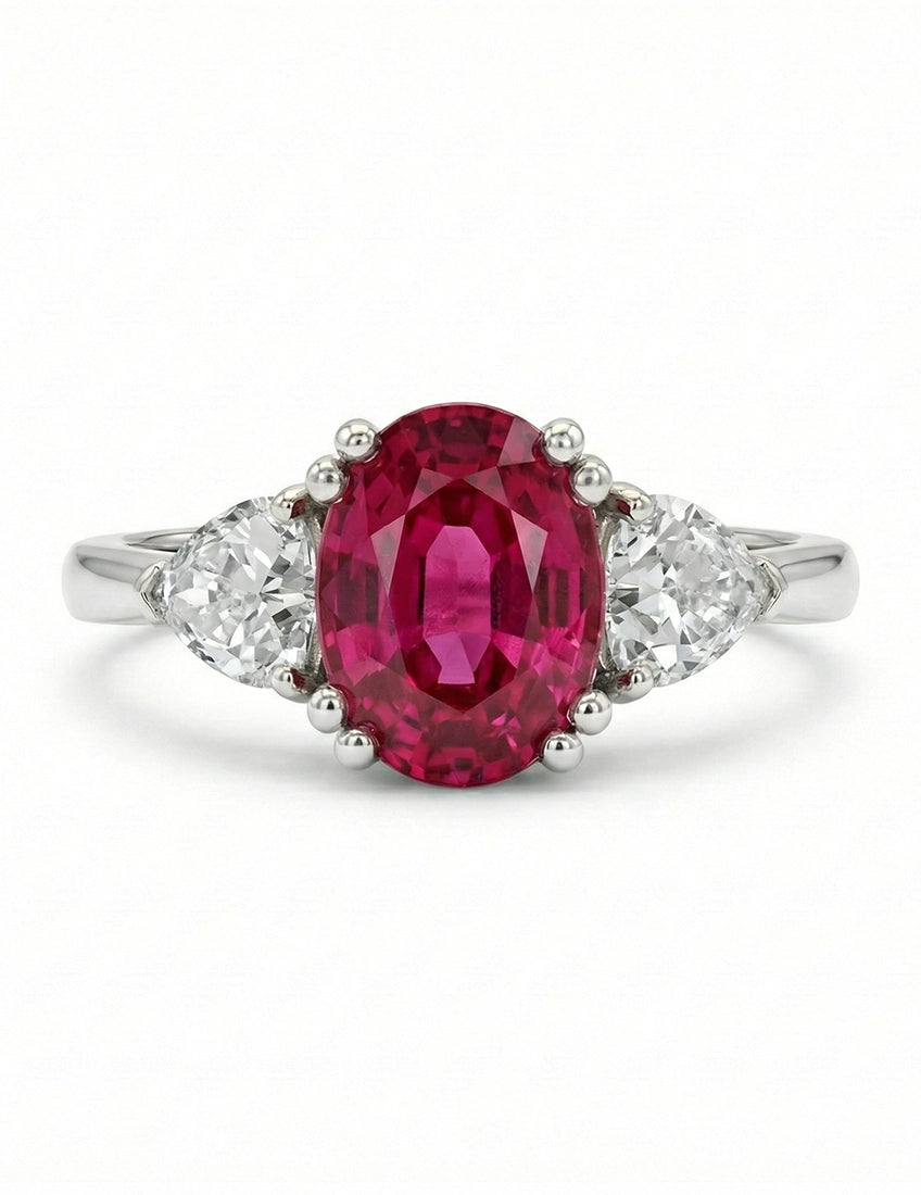 Red Gemstone Oval Cut Three Stone Ring - Edwardian Engagement Ring