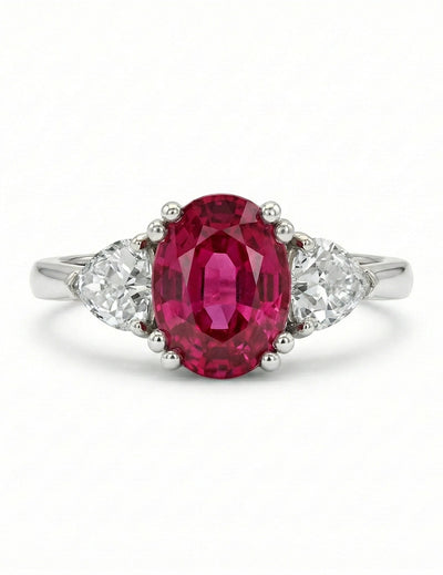 Red Gemstone Oval Cut Three Stone Ring - Edwardian