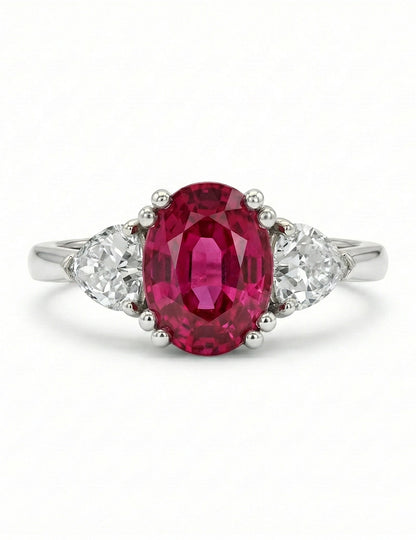 Red Gemstone Oval Cut Three Stone Ring - Edwardian Engagement Ring