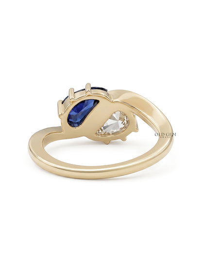 Two Stone Sapphire Modified Pear Gemstone Curved Ring Engagement Ring