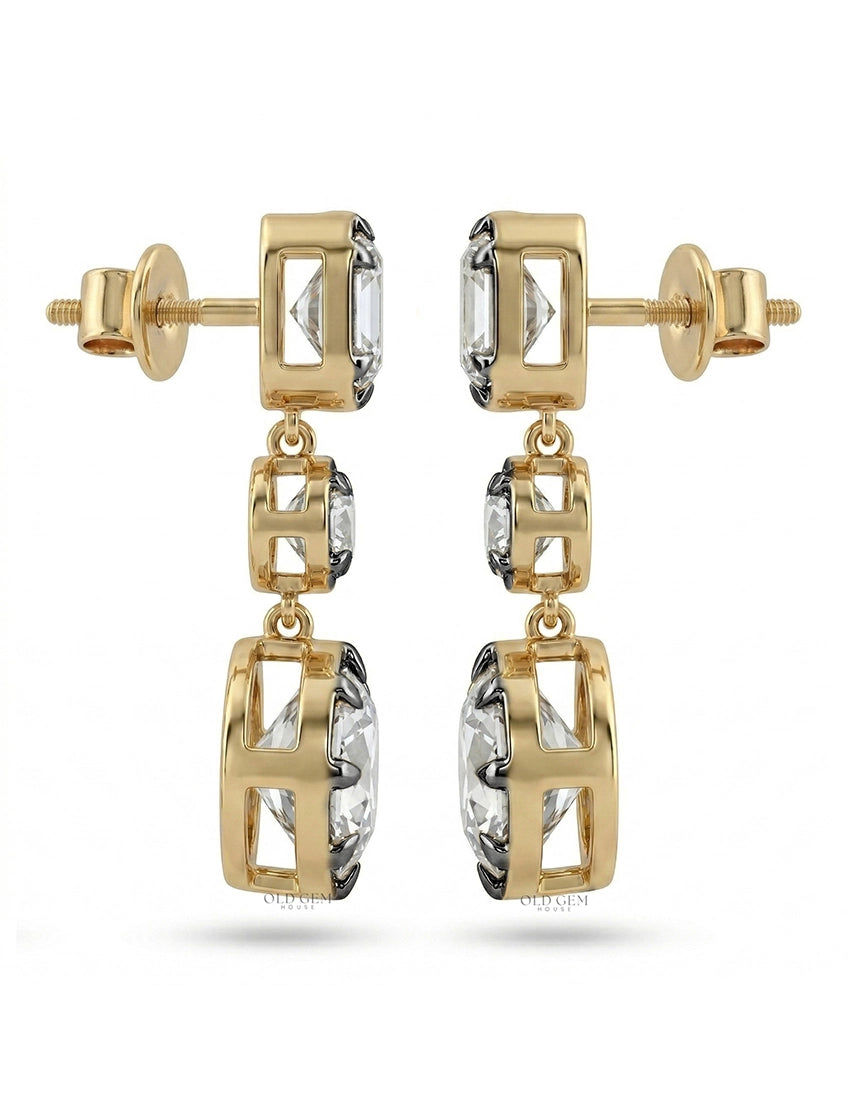 Old European & Asscher Cut Three Stone Drop Earring Earrings