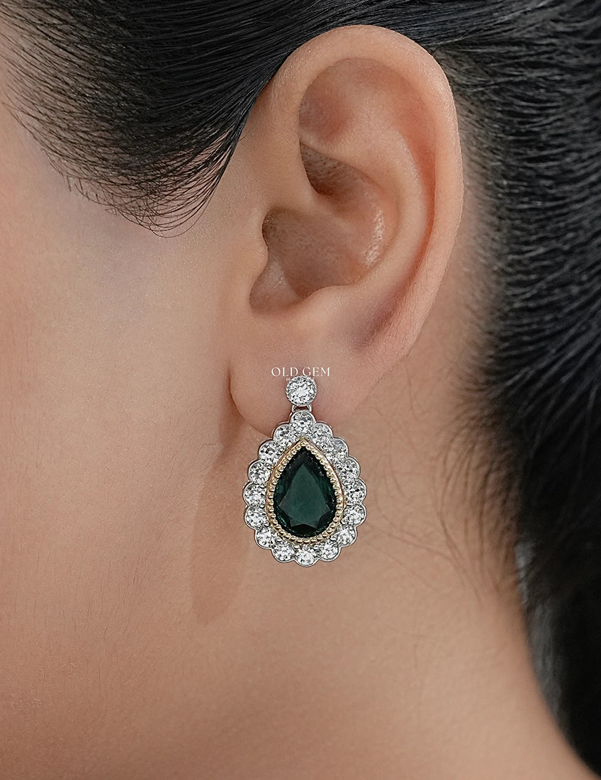 Pear Shape Emerald Gemstone Halo Diamond Drop Earring Earrings