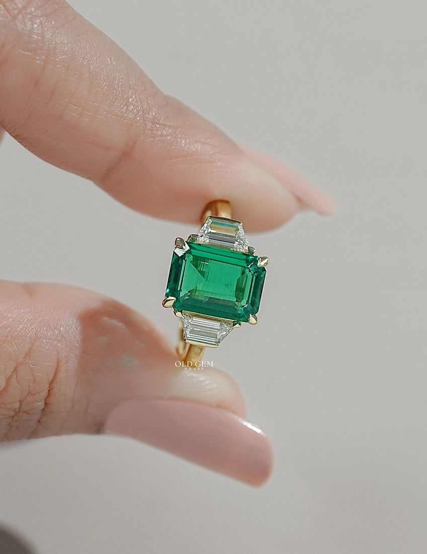 Mid Century Emerald And Trapezoid Diamond Three Stone Ring Engagement Ring