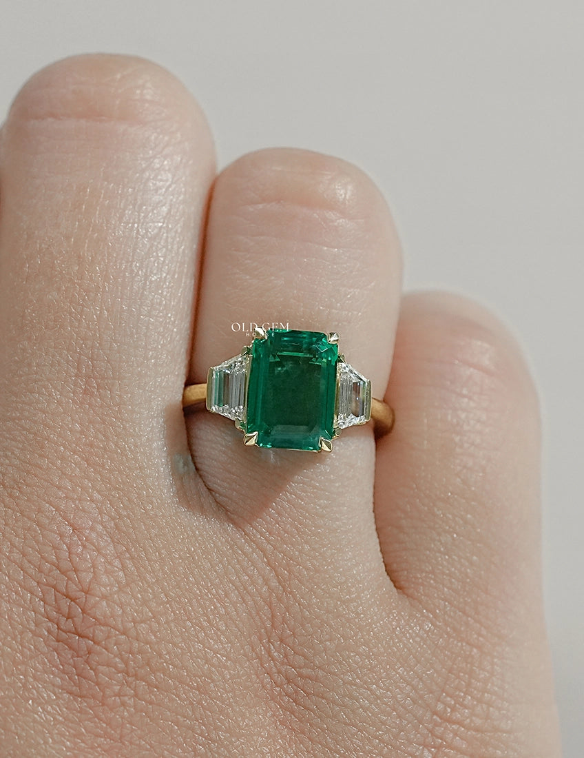 Mid Century Emerald And Trapezoid Diamond Three Stone Ring Engagement Ring