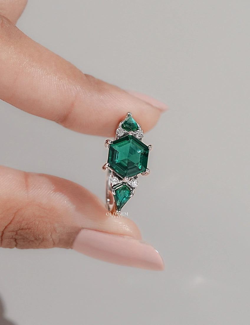 Art Deco Emerald Hexagon Cut Three Stone Ring Engagement Ring
