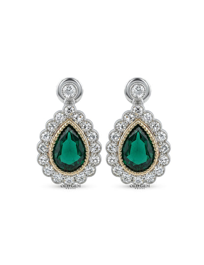 Pear Shape Emerald Gemstone Halo Diamond Drop Earring Earrings