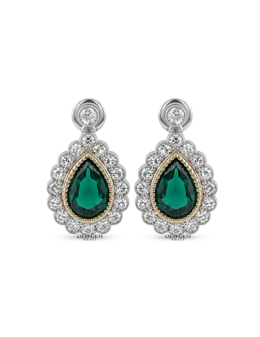 Pear Shape Emerald Gemstone Halo Diamond Drop Earring Earrings
