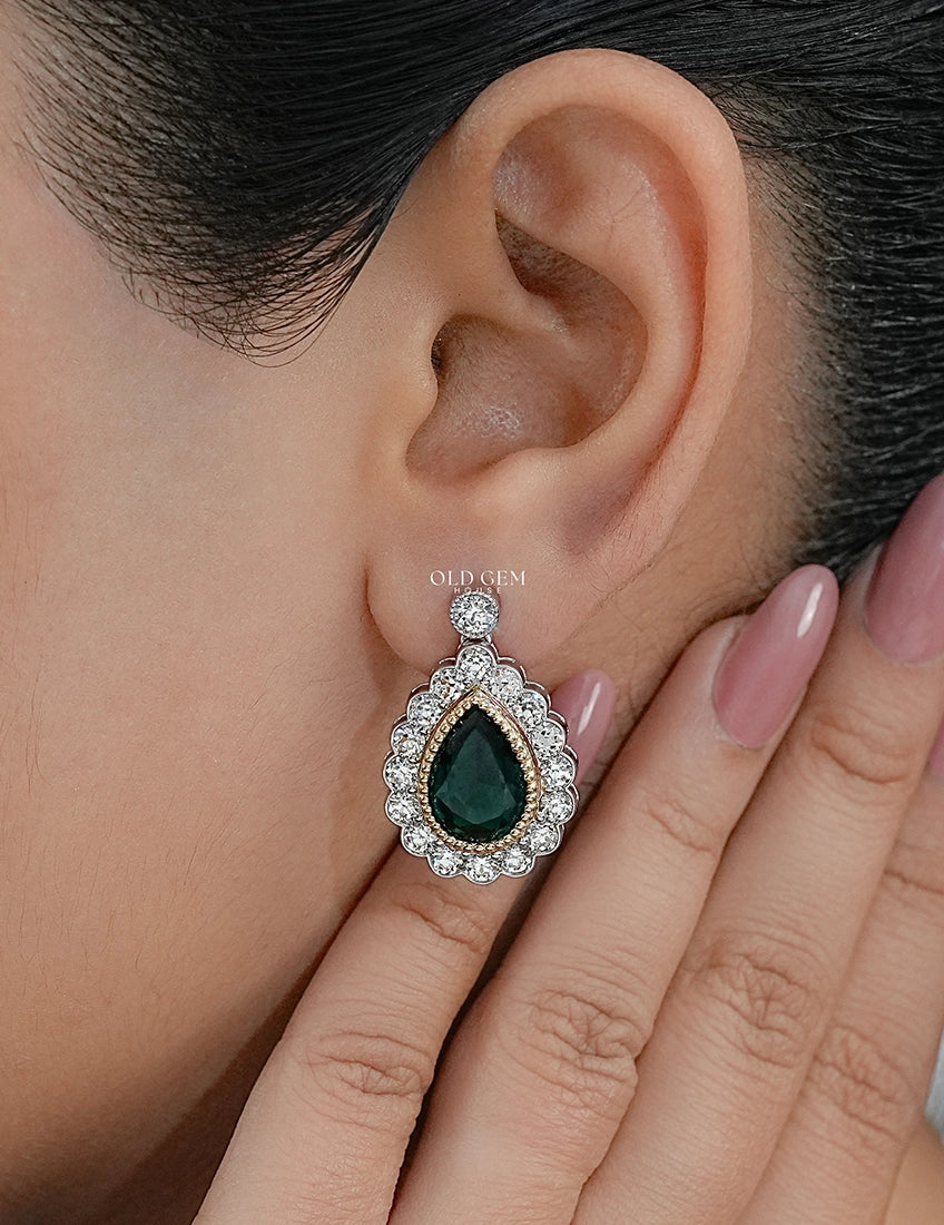 Emerald Pear And Round Diamond Halo Drop Earring Earrings