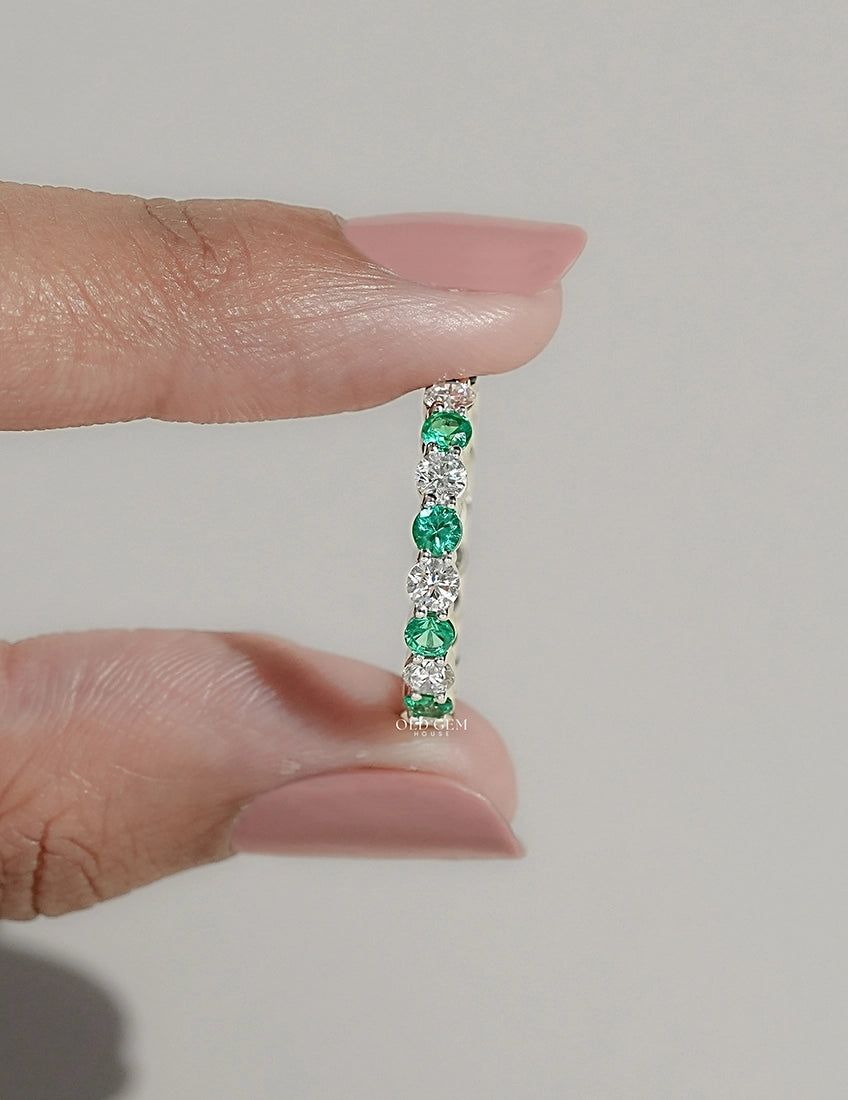 Green Gemstone Lab Diamond Eternity Wedding Band