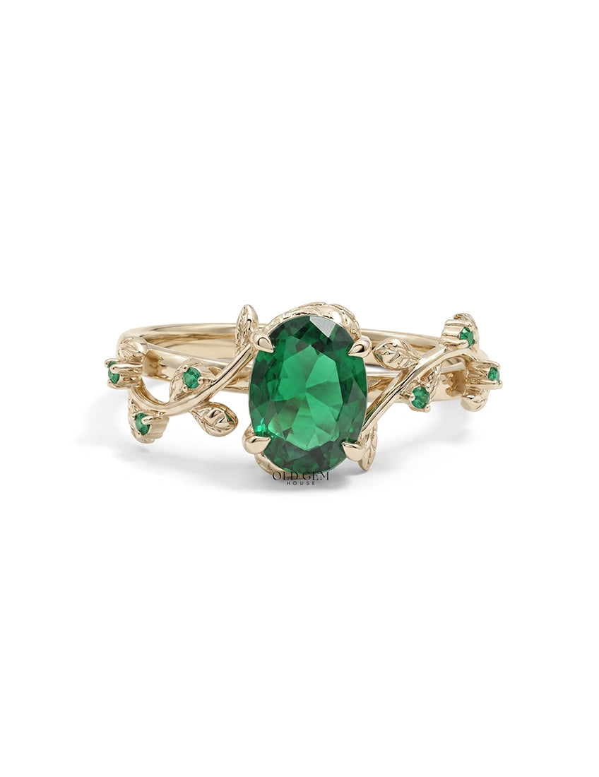Vintage Leaf Art Deco Green Oval Gemstone Accent Ring