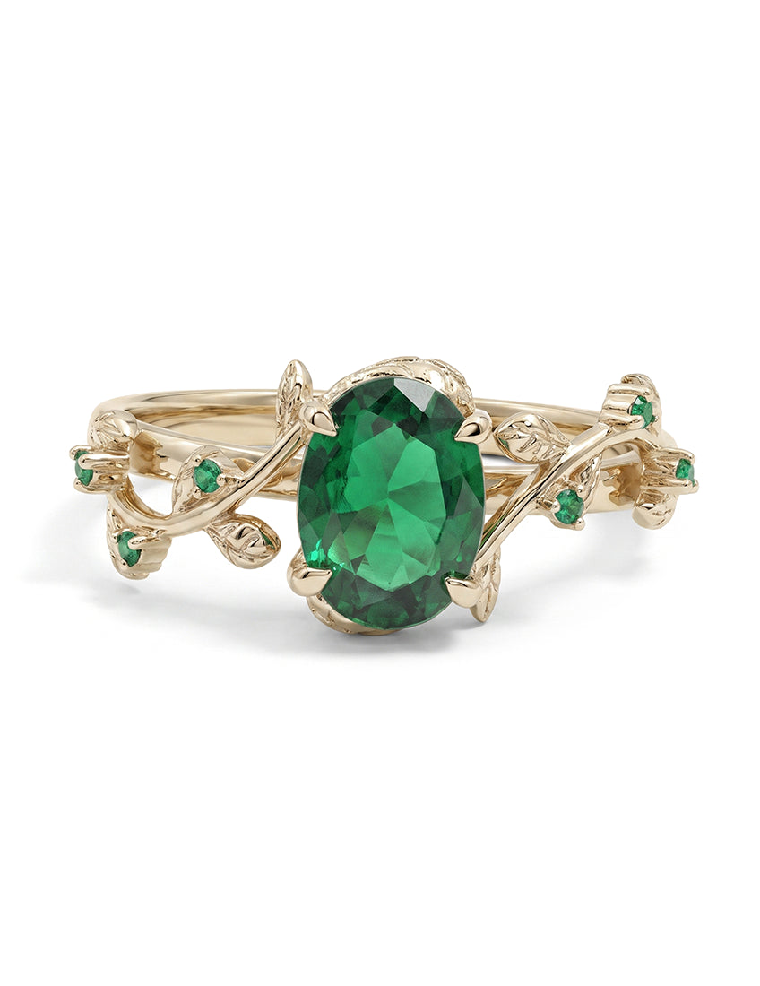 Vintage Leaf Art Deco Green Oval Gemstone Accent Ring