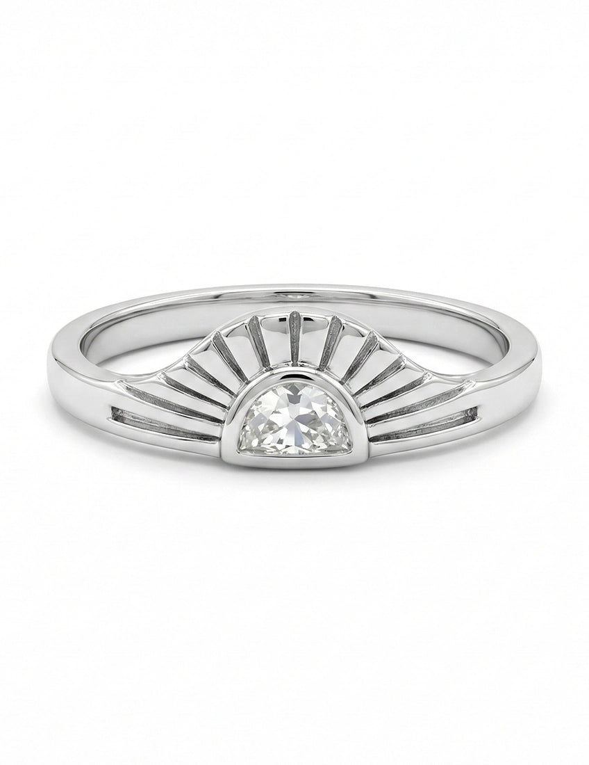 Art Deco Style Half Moon Cut Sunrise Ring Engagement Ring