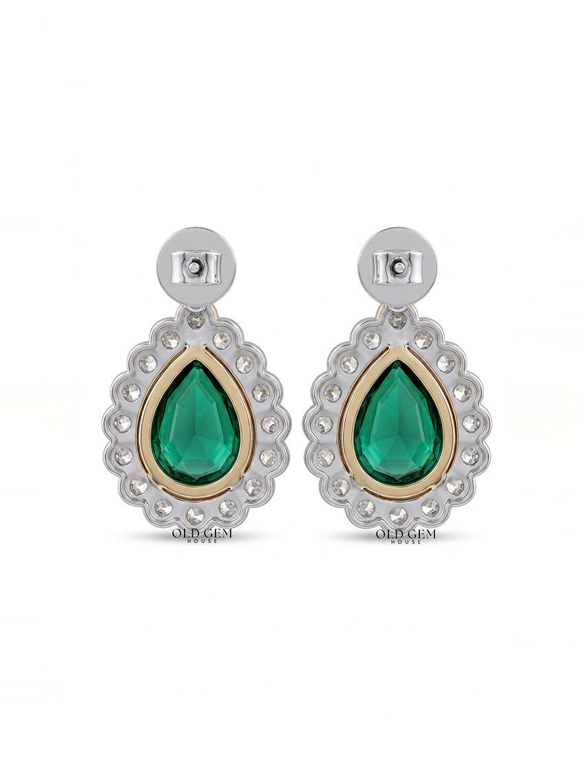 Emerald Pear And Round Diamond Halo Drop Earring Earrings
