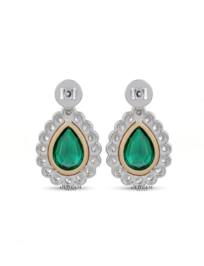 Emerald Pear And Round Diamond Halo Drop Earring Earrings