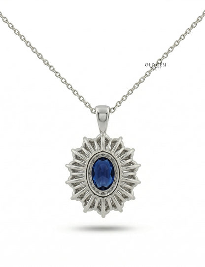Blue Sapphire Oval Cut Halo Diamond Pendant Necklaces