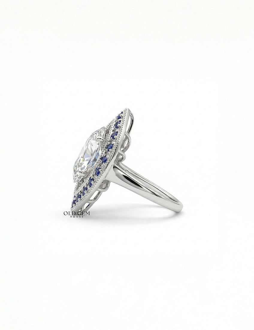 Old Mine Marquise Sapphire Double Halo Ring Engagement Ring