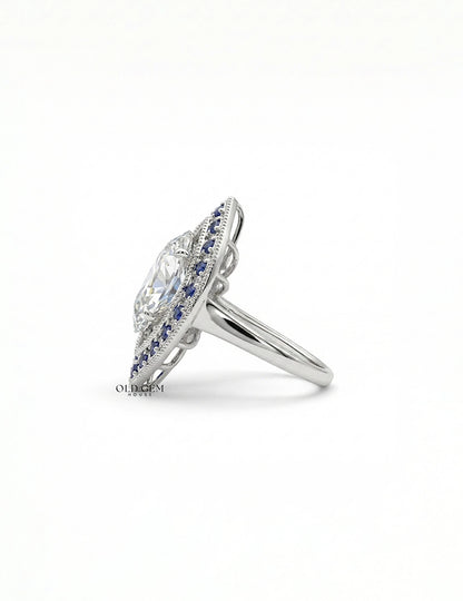 Old Mine Marquise Sapphire Double Halo Ring Engagement Ring