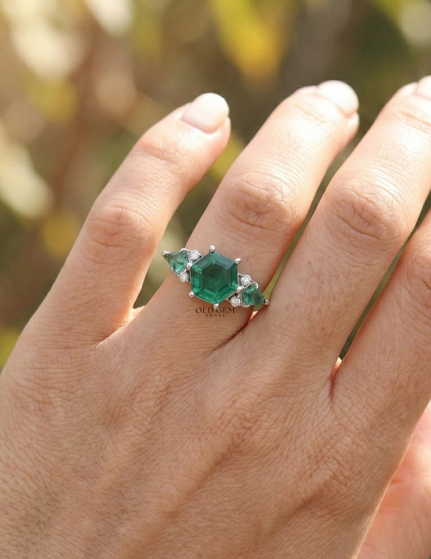 Hexagon Green Gemstone Engagement Ring