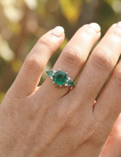 Hexagon Green Gemstone Engagement Ring