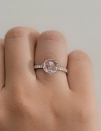 Hidden Halo Accent  Rose Cut Round Diamond Ring