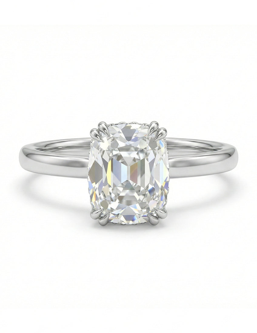 Mid Century Old Mine Cut Cushion Diamond Hidden Halo Ring Engagement Ring