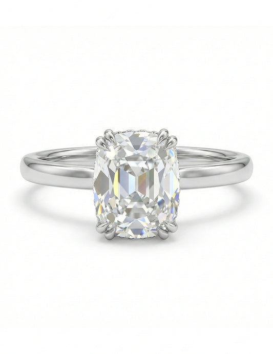 Mid Century Old Mine Cut Cushion Diamond Hidden Halo Ring Engagement Ring