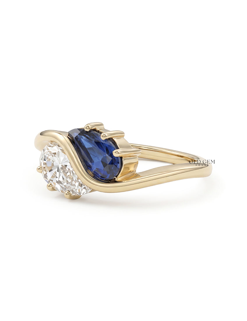 Two Stone Sapphire Modified Pear Gemstone Curved Ring Engagement Ring