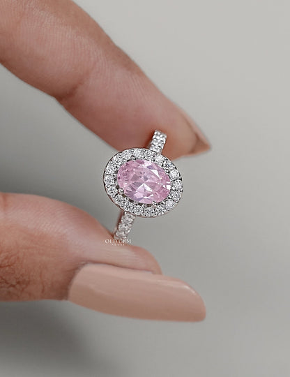 Edwardian Style Pink Oval Gemstone Halo Accent Ring Engagement Ring