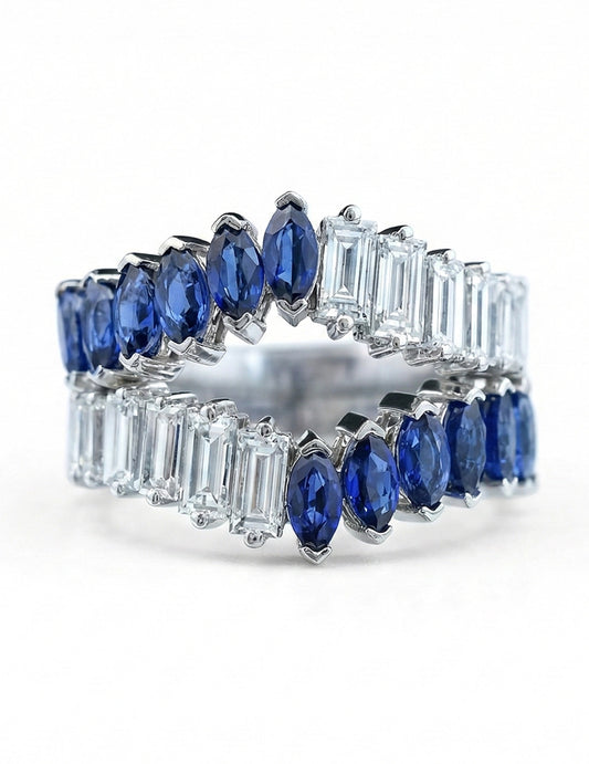 Double Row Marquise Blue Sapphire Gemstone Enhancer Ring Wedding Band