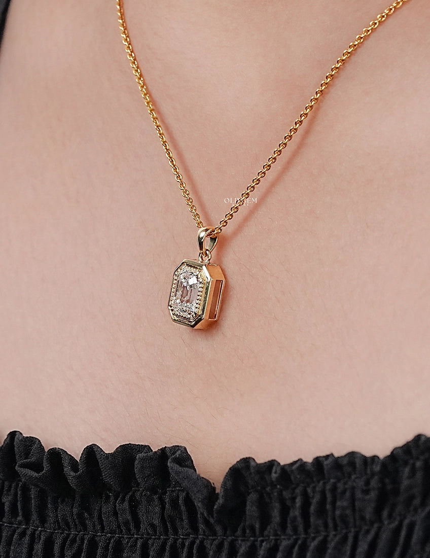 Old Mine Emerald Cut Milgrain Set Pendant