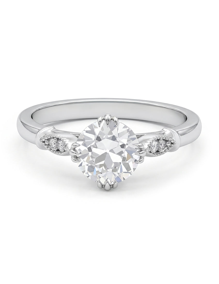 Mid Century Old European Cut Milgrain Set Accent Ring Engagement Ring