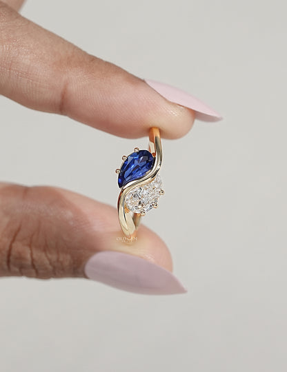 Two Stone Sapphire Modified Pear Gemstone Curved Ring Engagement Ring