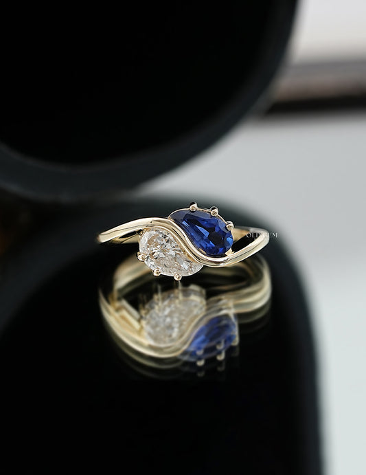 Two Stone Sapphire Modified Pear Gemstone Curved Ring Engagement Ring