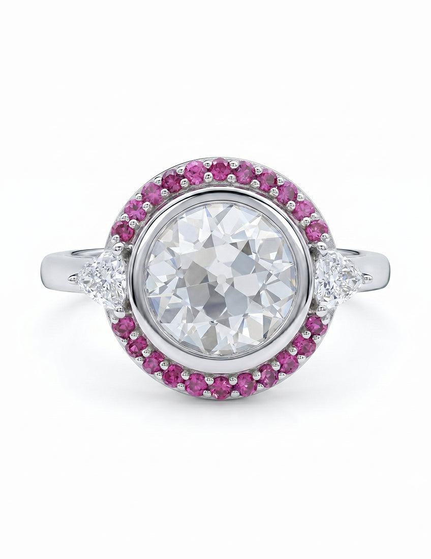 Art Deco Old European Round Cut Pink Gemstone Halo Ring