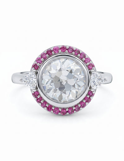 Art Deco Old European Round Cut Pink Gemstone Halo Ring