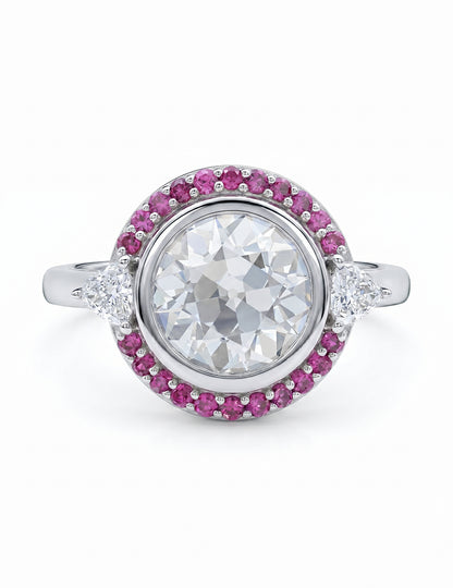 Art Deco Old European Round Cut Pink Gemstone Halo Ring Engagement Ring